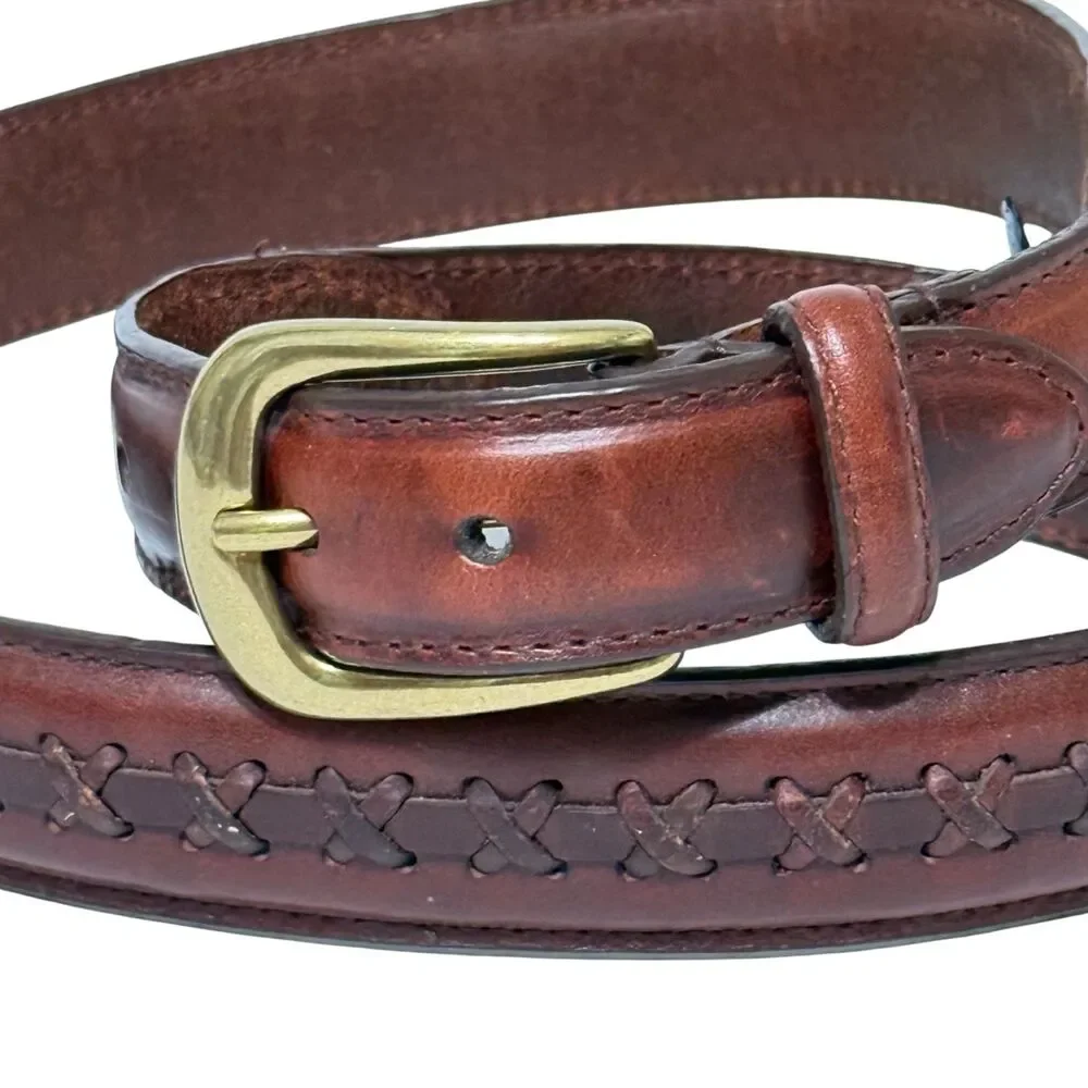 Roundtree & Yorke Dress Belt Brown Oiled Full Grain Leather X Lacing Brass 34